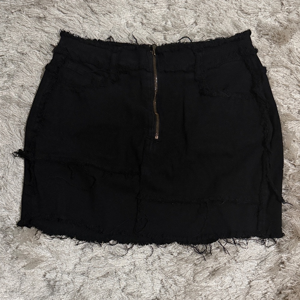 Black Frayed Patchwork Mini Skirt with Front Zip